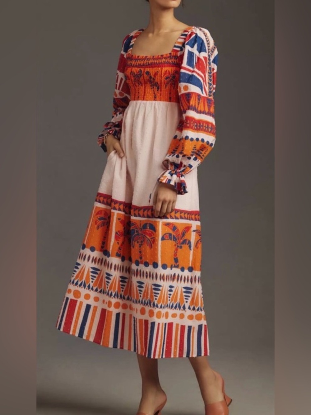 Farm Rio EUC Long-Sleeve Smocked Printed Maxi Dress